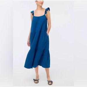 NWT J Crew Factory Seaport Blue Ruffle Strap Maxi Dress w/ Pockets Small Petite